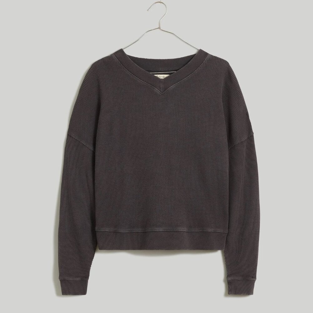 Madewell - Waffle Knit Boxy Sweatshirt Tee in Black Coal